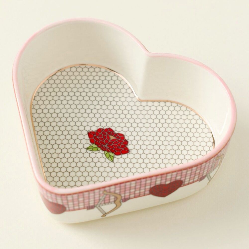 Anthropologie Bistro Tile Trinket Box Valentine's Heart Jewelry Stoneware Decor